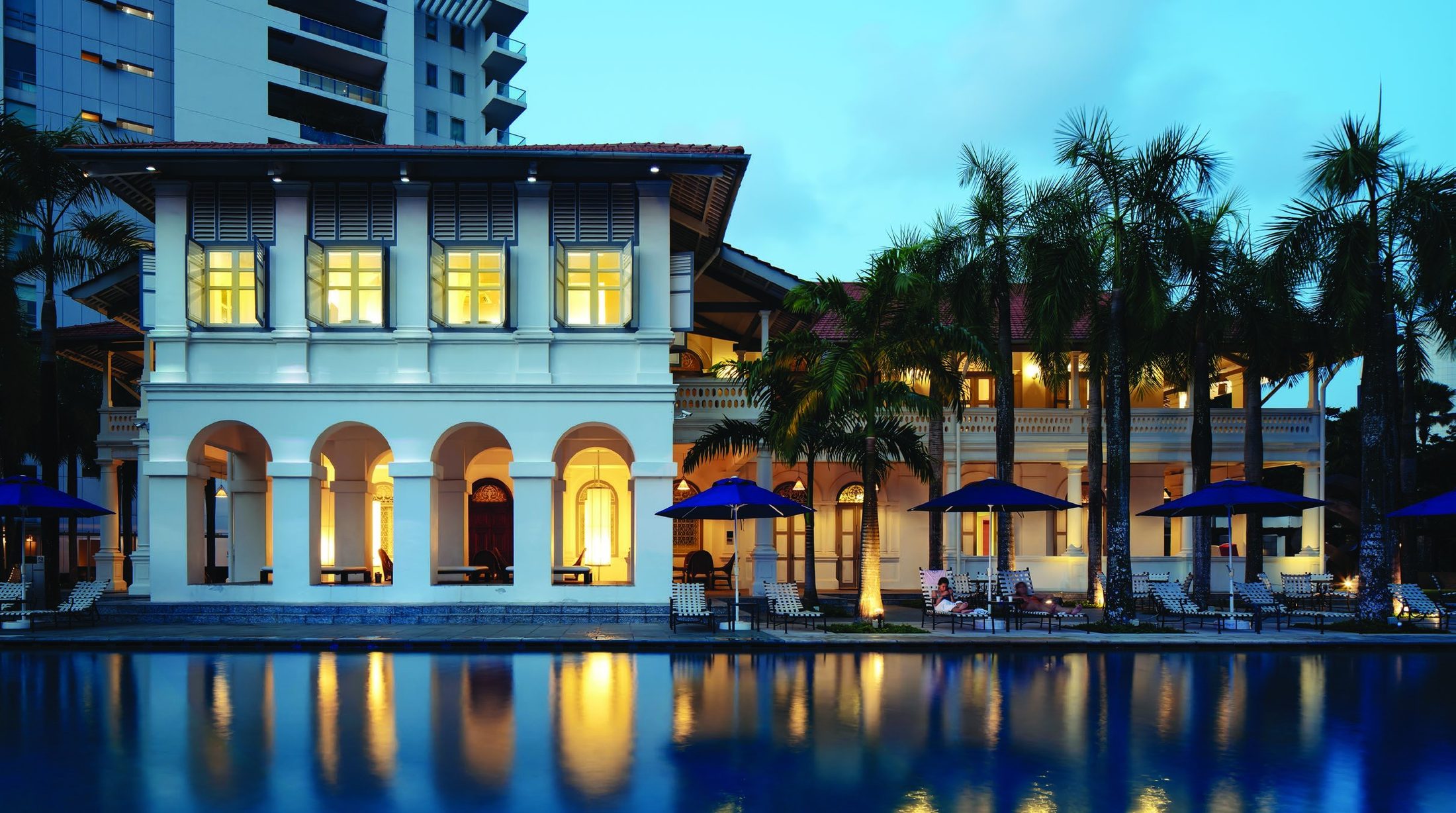 The colonial clubhouse and pool